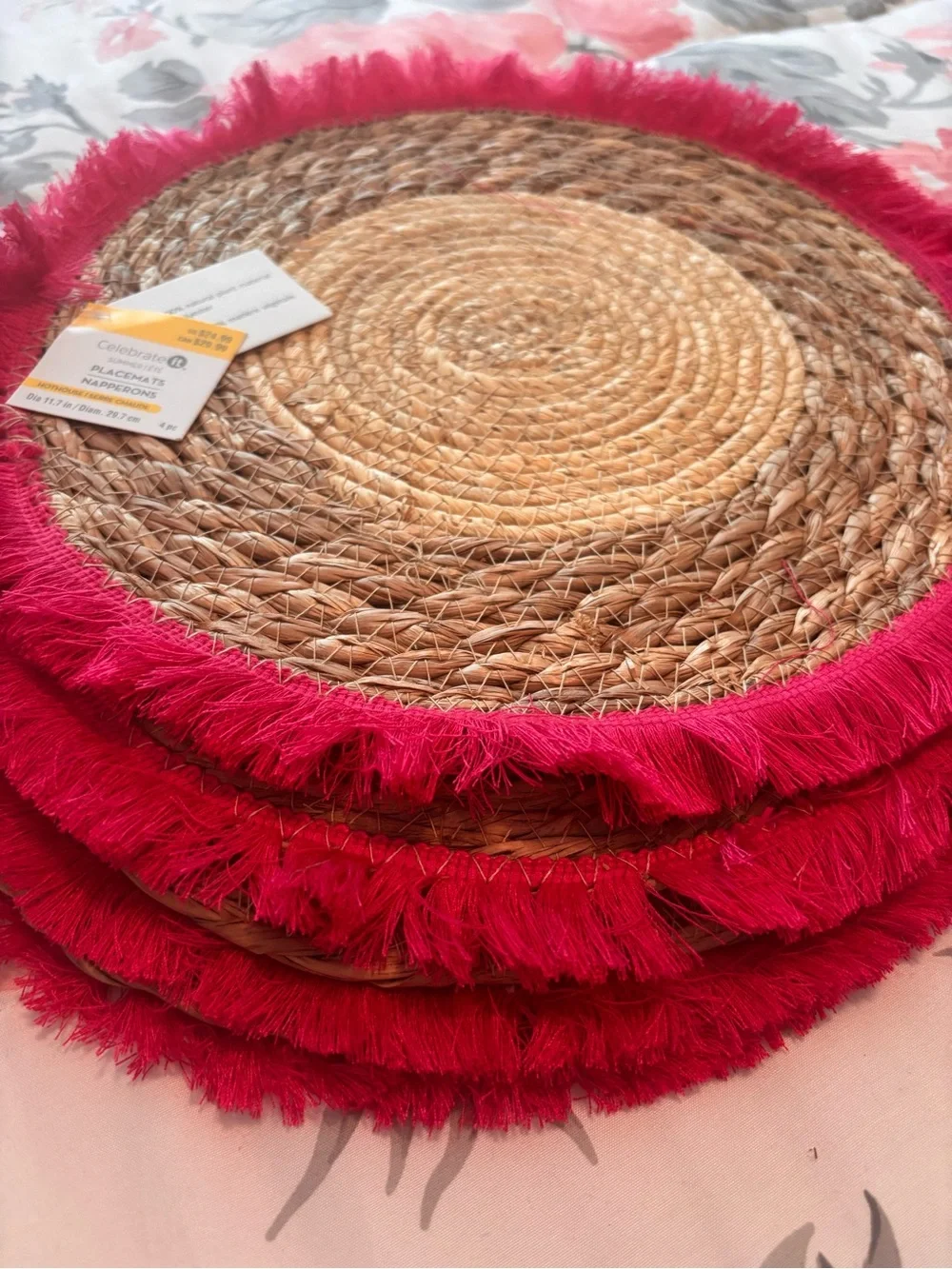 Celebrate It Natural Straw Placemat with Hot Pink Fringe- set of 4